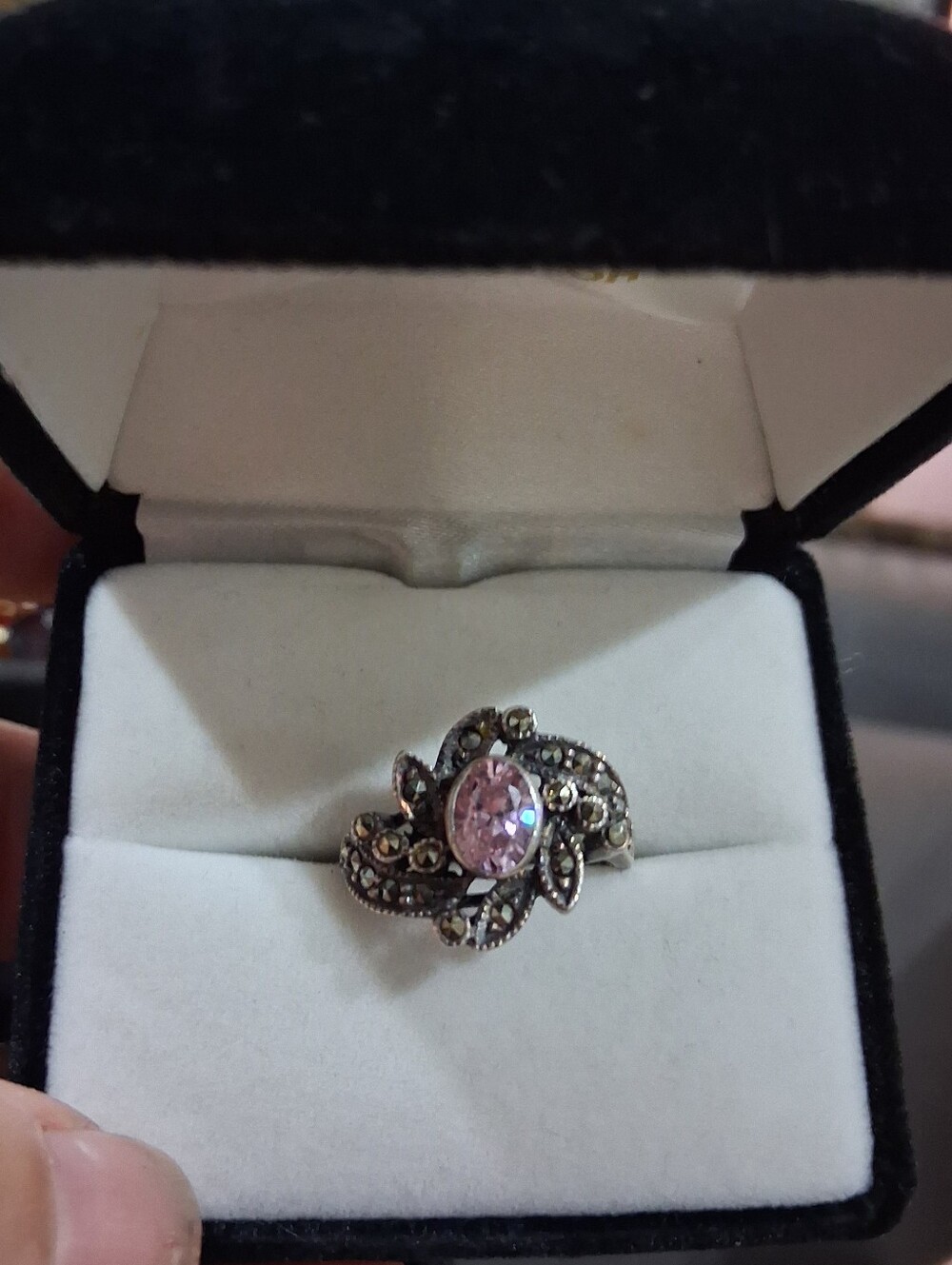 .925 Sterling Silver Marcasite 1 Carat Pink Topaz Statement Ring Size 7